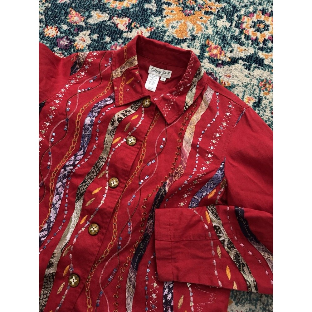 Coldwater Creek Red Woven Embroidered Embellished Jacket Size PM Art Boho